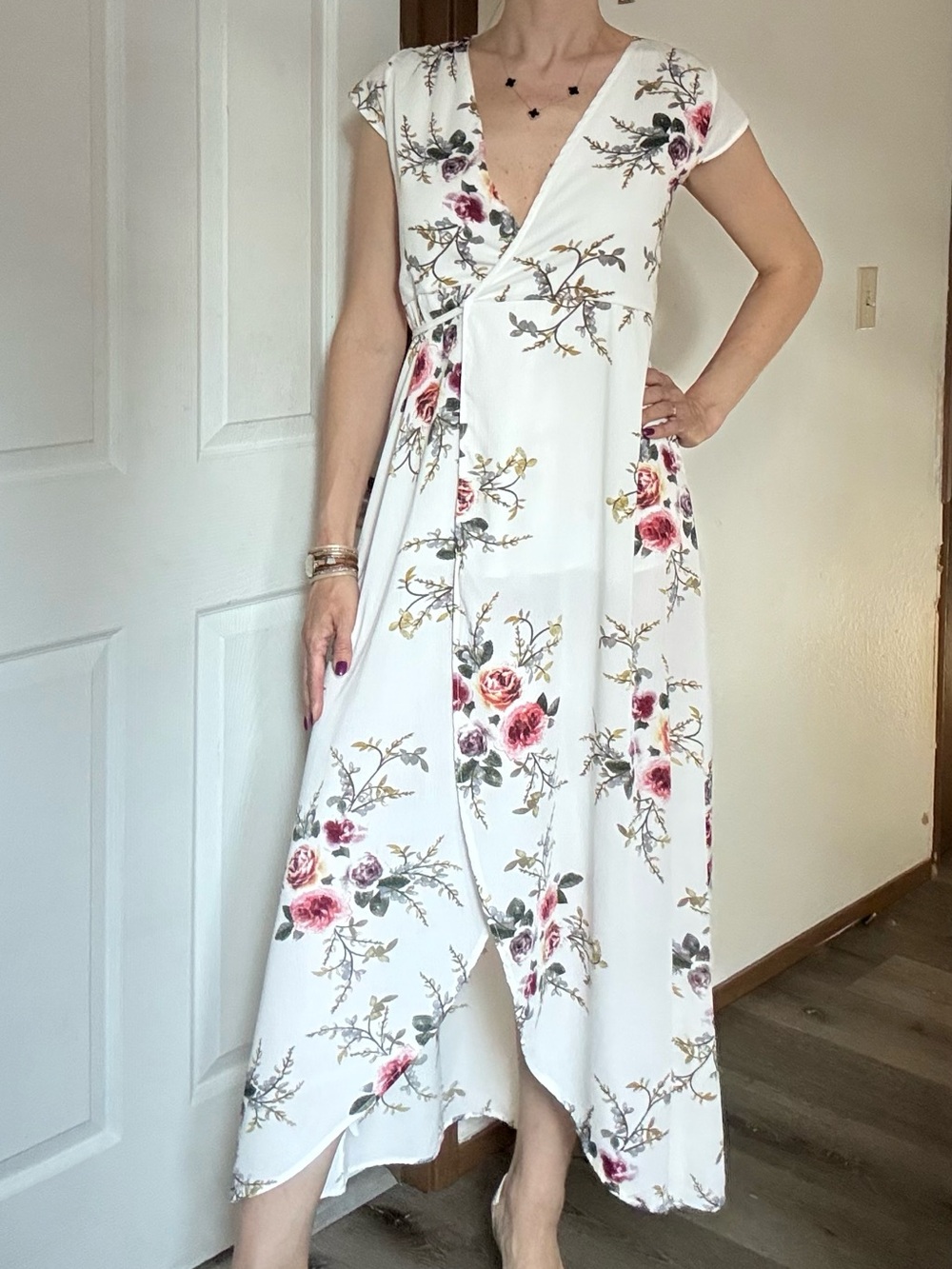 ABL Floral Wrap Dress S White Midi Boho V Neck Short Sleeve Summer